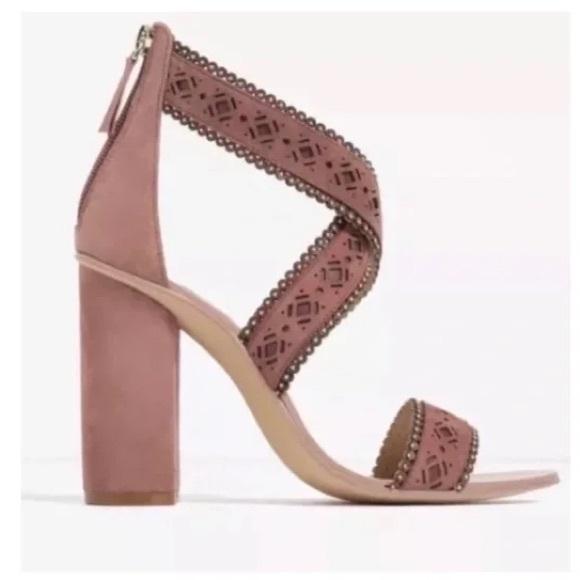 Zara Suede Mauve Block Heel Sandals Size 38 US 7.5 - Picture 1 of 12
